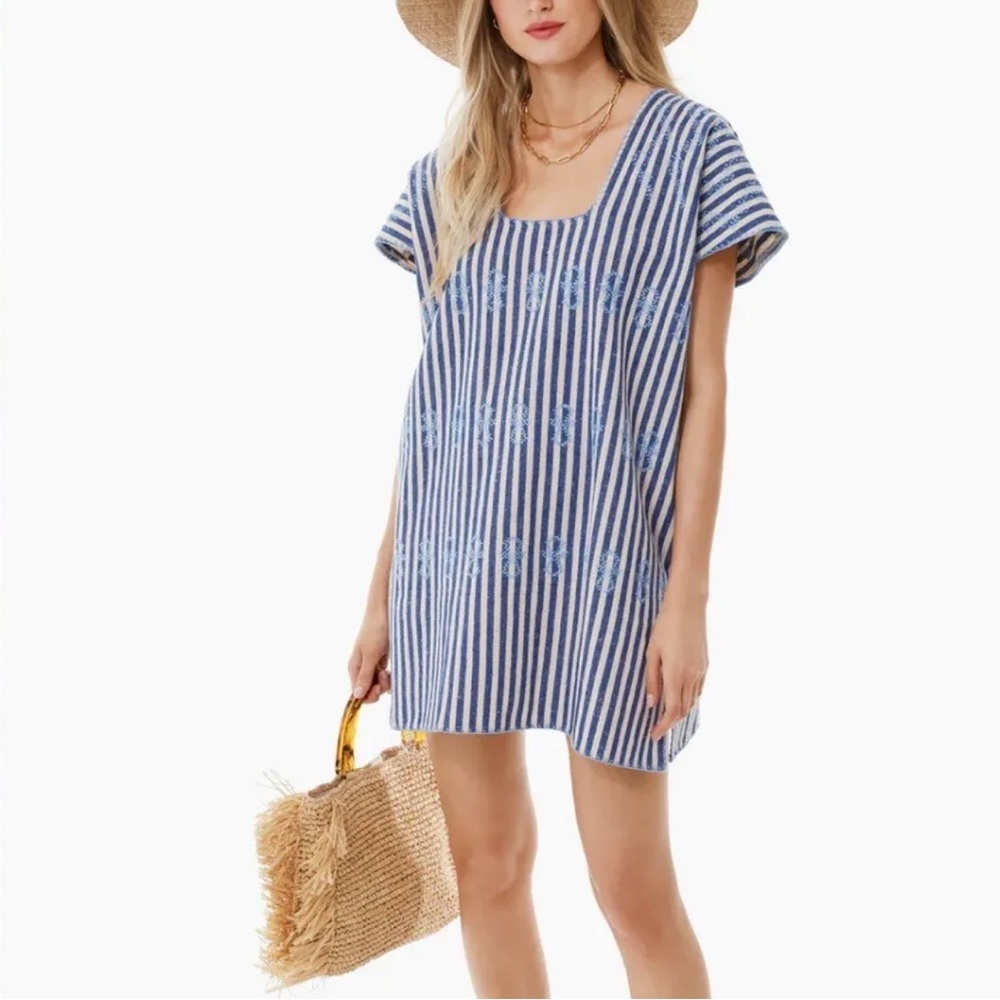 Tuckernuck Blue Stripe Embroidered Sullivan Mini Canvas Caftan Dress Size XXL